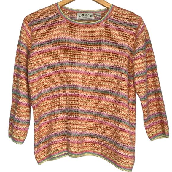 Vintage Orvis Open Knit Pastel Pink Striped Sweater Womens Medium Ramie Cotton - Picture 1 of 6